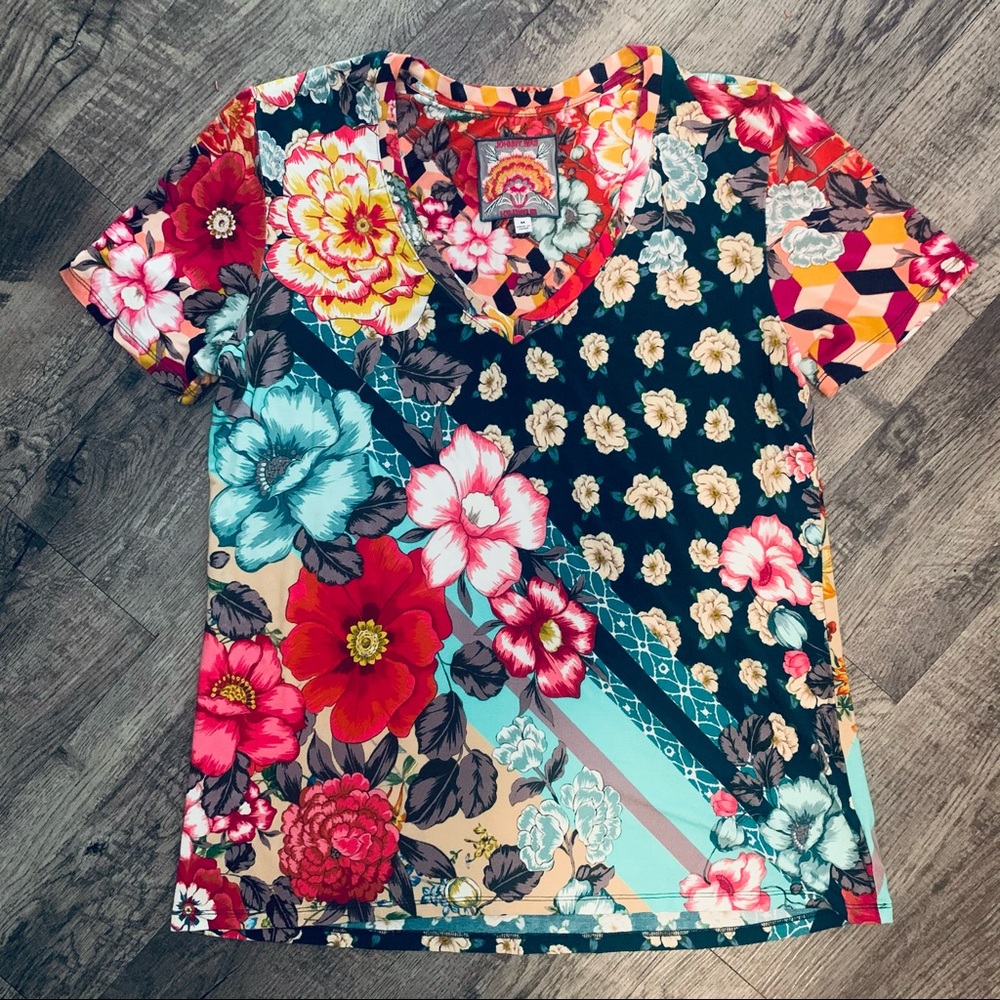 Johnny Was Mixed Print Cotton Blend SS Shirt Med